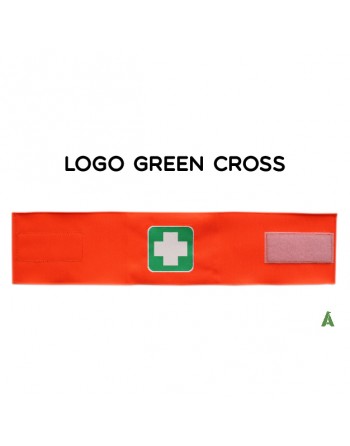 Brazalete cruzado verde sobre tejido naranja fluorescente regulable con velcro para cada talla.