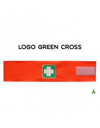 Green cross armband on fluorescent orange fabric adjustable with velcro for each size.