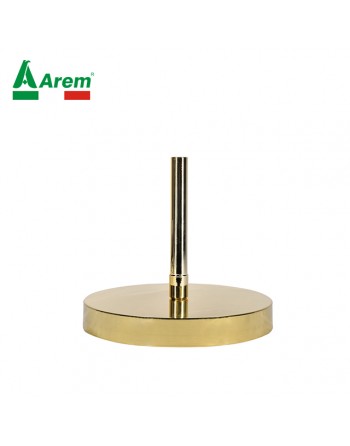 Base in acciaio inox lucidato oro, diametro cm 27, con canotto per asta diametro mm 22 e zavorra per stabilità.