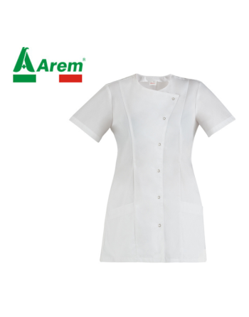 Vestaglia donna colore bianco per settore medico e benessere, con bottoni a pressione.