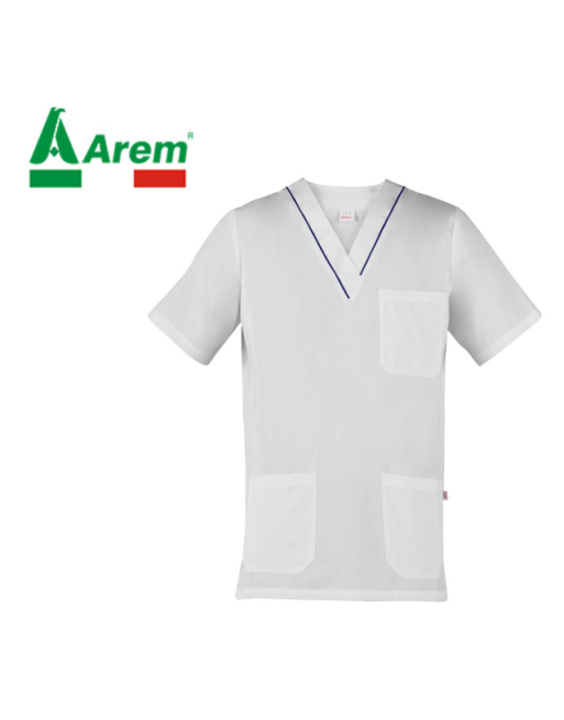Casacca colore bianco con linea piping colore a contrasto, per settore medicale e wellness, personalizzabile.
