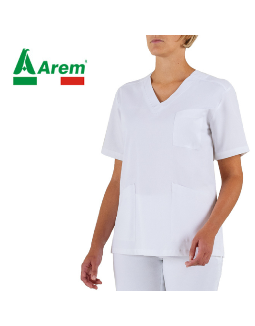 Weiße Damen-Tunika, für den Wellness- und Medizinbereich, beständig gegen starke Chlorwäsche.