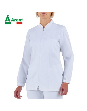 Damenjacke weiß slim Fit mit durchgehendem Reißverschluss, für Gesundheitszentren und Ästhetik.