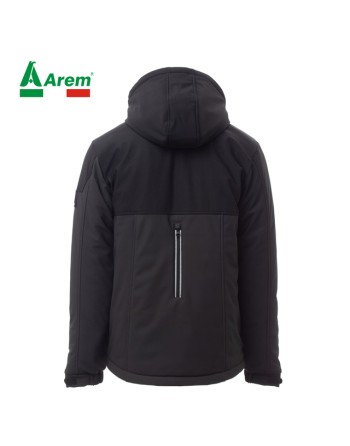 Chaqueta Softshell color antracita/negro, capucha desmontable, banda reflectante, logotipo personalizado para empresas.