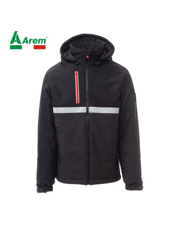Chaqueta Softshell color antracita/negro, capucha desmontable, banda reflectante, logotipo personalizado para empresas.