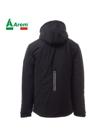 Veste softshell couleur noir/noir, capuche amovible, bande réfléchissante, logo personnalisé pour les entreprises.