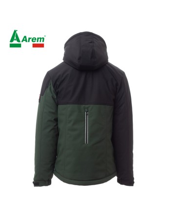Chaqueta softshell color verde/negro acolchada, capucha desmontable, banda reflectante, logotipo personalizado para empresas.