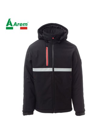Giacca softshell colore nero/nero, cappuccio staccabile, banda riflettente, logo personalizzato per aziende.