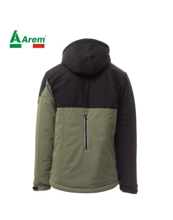 Militärische grün/schwarze Softshell-Jacke, abnehmbare Kapuze, Reflexstreifen, individuelles Logo für Unternehmen.