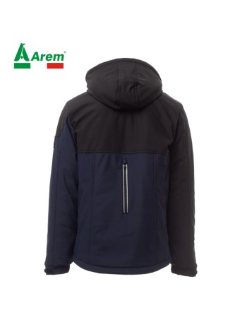 Chaqueta softshell azul marino/negro, capucha desmontable, banda reflectante, logotipo personalizado para empresas.