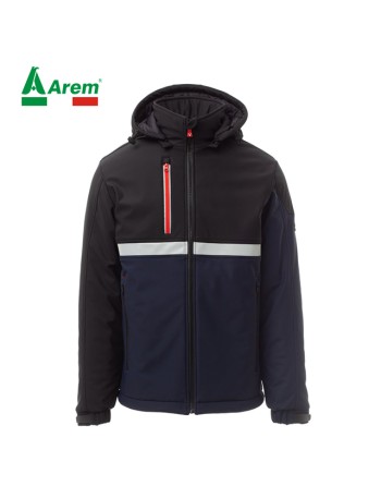 Veste softshell bleu marine/noir, capuche amovible, bande réfléchissante, logo personnalisé pour les entreprises.