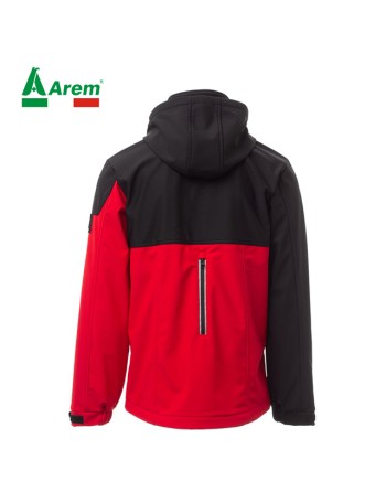 Chaqueta softshell color rojo/negro, capucha desmontable, banda reflectante, logotipo personalizado para empresas.