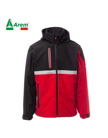 Chaqueta softshell color rojo/negro, capucha desmontable, banda reflectante, logotipo personalizado para empresas.