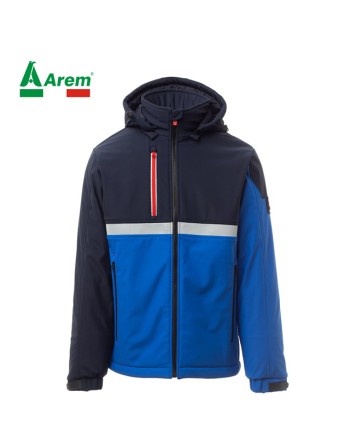 Giacca softshell colore blu royal/blu navy, cappuccio staccabile, banda riflettente, logo personalizzato per aziende.