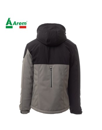 Chaqueta softshell color humo/negro, capucha desmontable, banda reflectante, logotipo personalizado para empresas.
