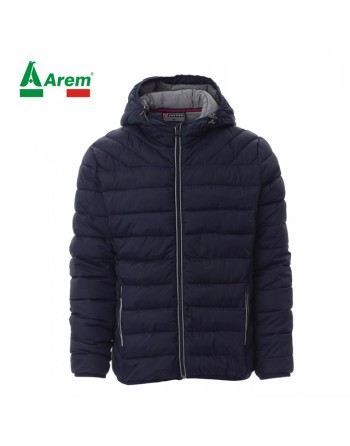 Piumino imbottito colore blu navy, con cappuccio, zip in metallo, personalizzabile con logo ricamato.