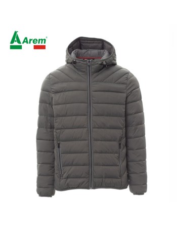 Piumino colore grigio-smoke, con cappuccio, zip in metallo, personalizzabile con logo ricamato.