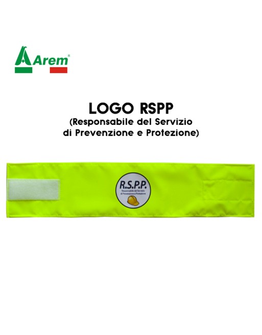 Fascia da braccio RSPP aziende, su tessuto giallo fluorescente regolabile con velcro per ogni misura.
