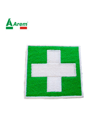 Heat-applied embroidered patches for clothing, green cross.