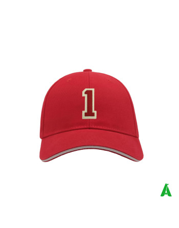 Red baseball cap with a peak, personalised with the number 1 stitched in red and ecru