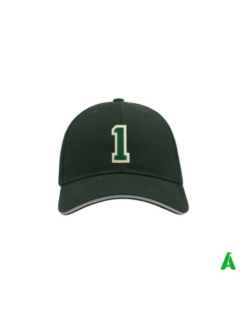 Unisex dark green birthday gift hat with the number 1 sewn on, made from felt and embroidered in an American college style