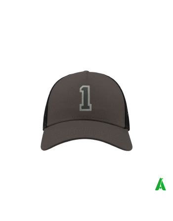 A trendy grey and black trucker cap with a beautiful number 1 embroidered on it, available to order online.