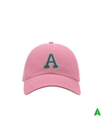 Pink baseball cap for women, one-size-fits-all with adjustable sliding strap, featuring a choice of embroidered letter ‘A’.
