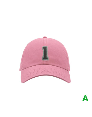 Women’s pink cap with a visor, a low-profile, fashionable design, featuring a personalised embroidered number sewn on