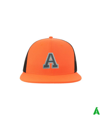 Snapmesh cap – birthday gift for boys, orange and black, flat peak, personalised ‘A’ embroidered on the front