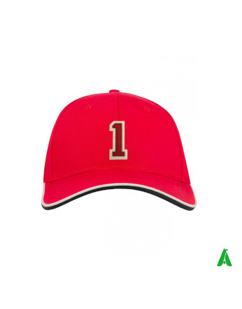 Mid-season red cap with a two-tone peak and the number 1 embroidered on customised felt, delivered within 48 hours