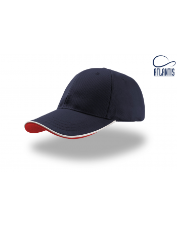 Navy blue promotional hat with bicolour piping visor, unisex, with velcro closure and custom embroidery