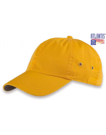 Gelbfarbener Hut aus weicher, gewaschener Baumwolle, eng am Kopf anliegend, vorgeformtes Visier und Metallschnallenverschluss