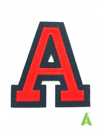 Embroidered letter A to sew or apply on clothing, red-blue color, for sweatshirts, sports uniforms, textiles.