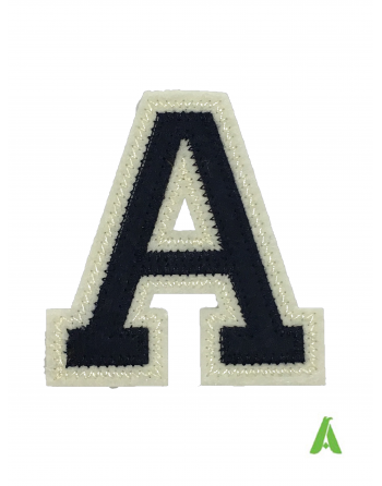 Alphabet embroidered letter "A" dark blue/beige felt fabric, for sweatshirts, jackets, textiles, ready to sew or heat-applied.