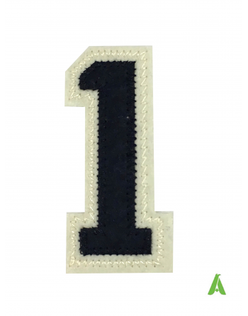 Embroidered number "1" on fabric, dark blue-beige color, thermo-adhesive and sewing on textiles, sweatshirts, jackets.