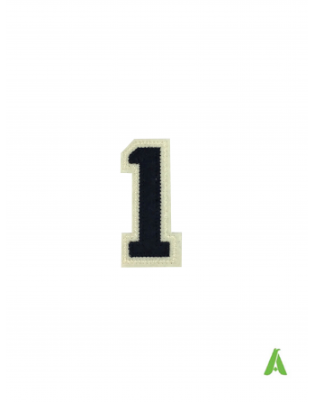 Stitiches number "1" on felt fabric cm 5, dark blue-beige color, thermo-adhesive and sewing on caps, hats, textiles, sweatshirt.