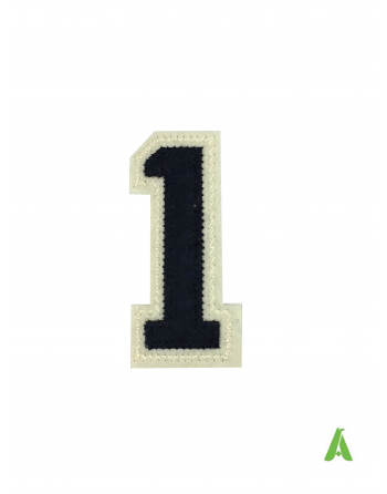 Stitiches number "1" on felt fabric, dark blue-beige color, thermo-adhesive and sewing on textiles, sweatshirts, jackets.