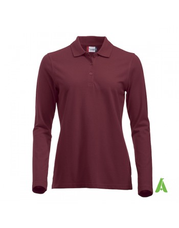 Long sleeves lady polo-shirt colour burgundy 38, Sweatband, Slim-fit, for companies, promotions, sport.