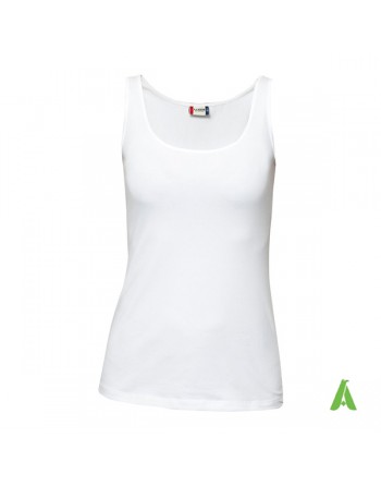 Bespoke women's tank top colour white, with stretching fabric and embroidered logo.