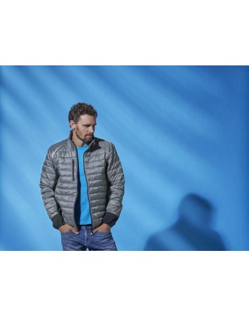 Chaqueta ligera para hombre, color gris, bolsillos para auriculares y personalizable con bordado o parche cosido.