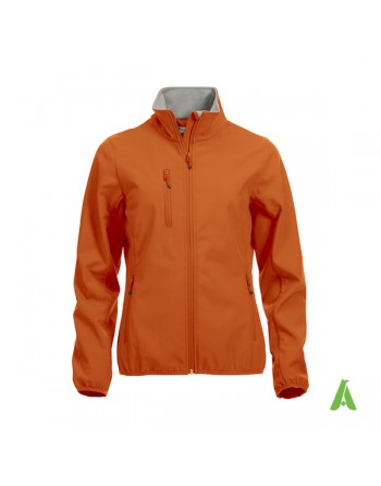 Orange Softshelljacke für Damen, individuell gestickter Stickerei für Unternehmen, Sport und Promotion.