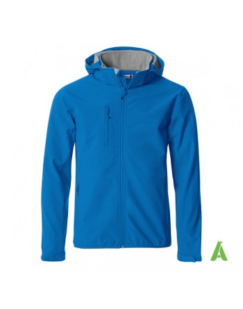 Royal blu hooded softshell jacket for men with triple layer fabric, custom embroidery for companies, sports and promotional.