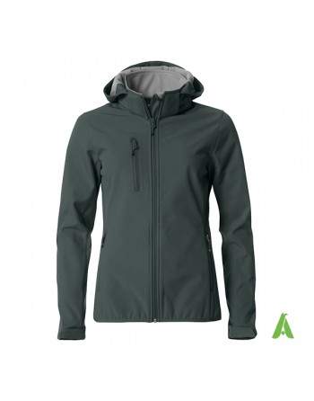Dark grey hooded softshell jacket for woman with triple layer fabric, custom embroidery for companies, sports and promotional.
