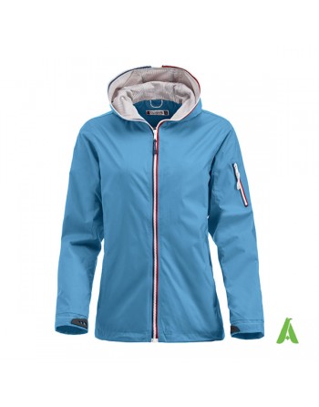 Damen blaue Farbe Jacke im nautischen Stil, wind- und wasserabweisend mit individueller Stickerei, für Meer und Sport.