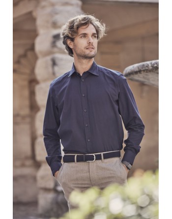 Man regular fit navy blue color shirt, Twill 100% cotton with custom embroidery for companies, meetings and fairs.