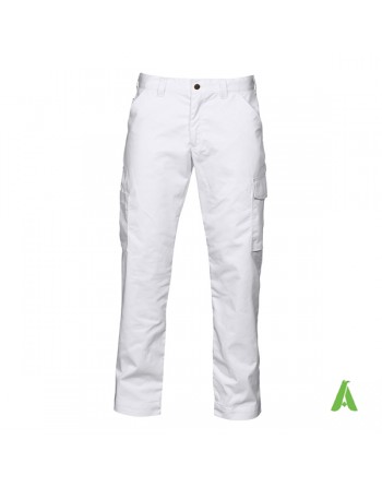 Pantalone professionale da lavoro colore bianco, tasche laterali, ricamo personalizzato per aziende.