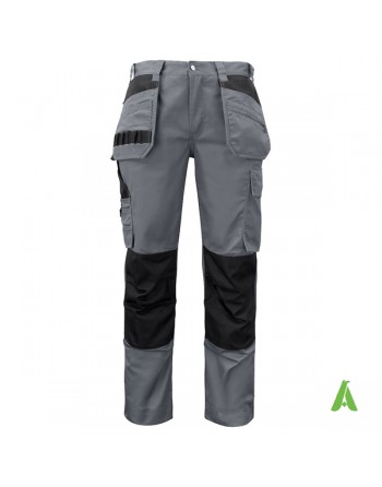 Pantalone da lavoro grigio scuro con tasche flottanti, taglio professionale, para ginocchia e ricamo aziendale personalizzato.