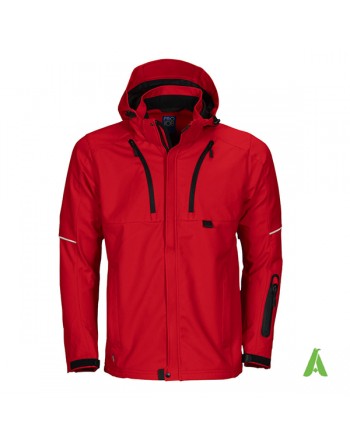 Giacca softshell con cappuccio, triplo strato colore rossa, ricamo azienda personalizzato e tasca porta smartphone/cellulare.