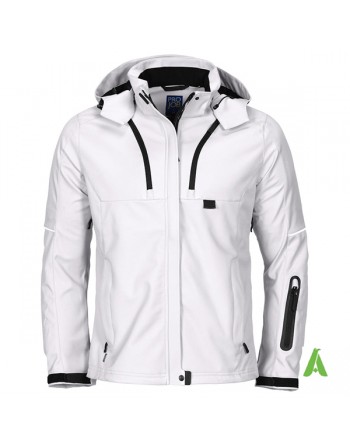 Giacca softshell da donna bianca con cappuccio, triplo strato impermeabile e traspirante per aziende e ricamo su misura.