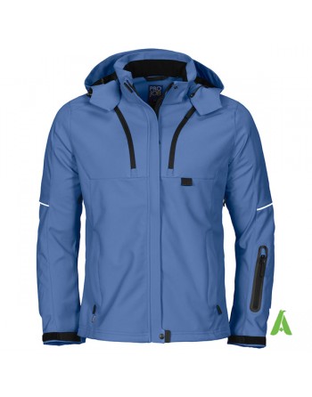 Giacca softshell da donna blu turchese con cappuccio, triplo strato impermeabile e traspirante per aziende e ricamo su misura.